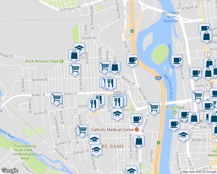 map of restaurants, bars, coffee shops, grocery stores, and more near 561 Rimmon Street in Manchester