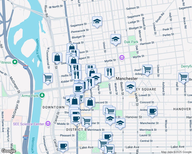 map of restaurants, bars, coffee shops, grocery stores, and more near 494 Pine Street in Manchester