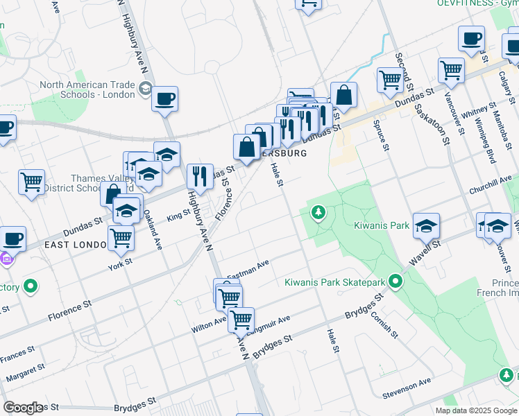 map of restaurants, bars, coffee shops, grocery stores, and more near 43 Burslem Street in London