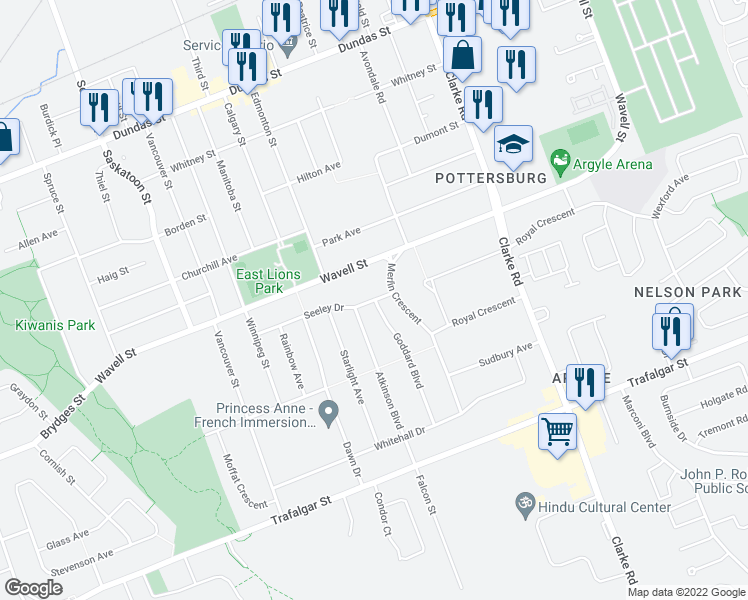 map of restaurants, bars, coffee shops, grocery stores, and more near 1764 Seeley Drive in London