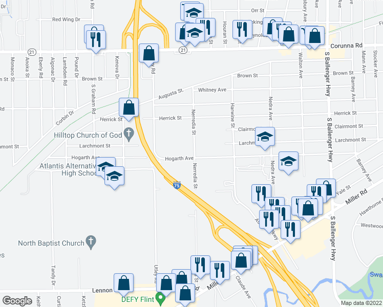 map of restaurants, bars, coffee shops, grocery stores, and more near 2230 Nerredia Street in Flint