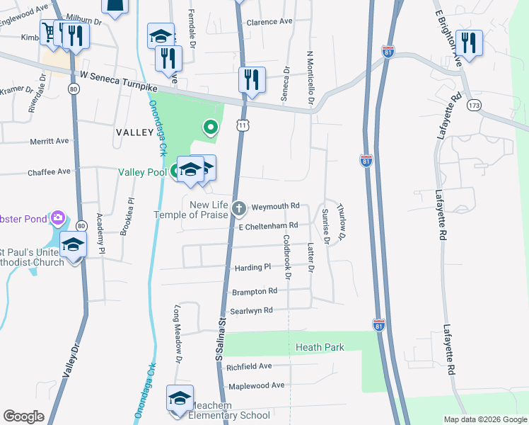 map of restaurants, bars, coffee shops, grocery stores, and more near 146 Weymouth Road in Syracuse