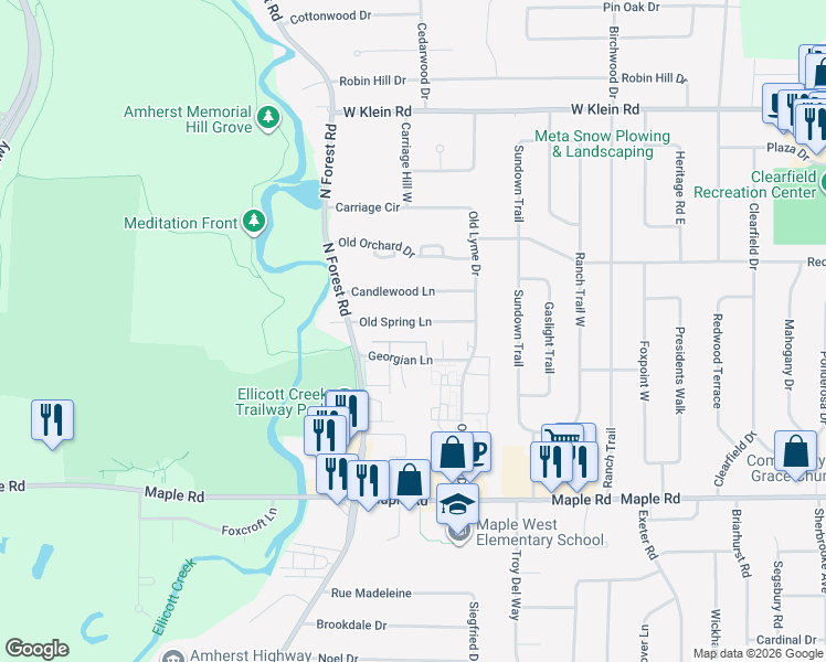 map of restaurants, bars, coffee shops, grocery stores, and more near 51 Old Spring Lane in Buffalo