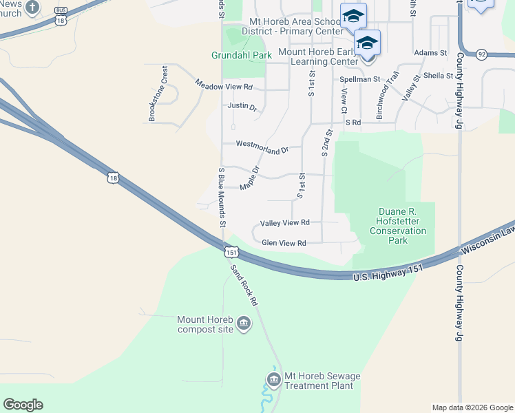 map of restaurants, bars, coffee shops, grocery stores, and more near 121 Autumnwood Circle in Mount Horeb