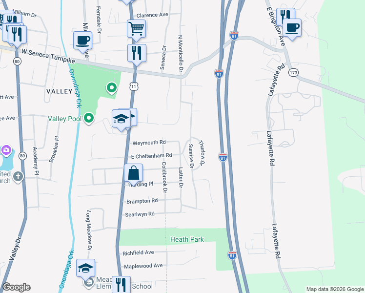 map of restaurants, bars, coffee shops, grocery stores, and more near 109 Latter Dr in Syracuse