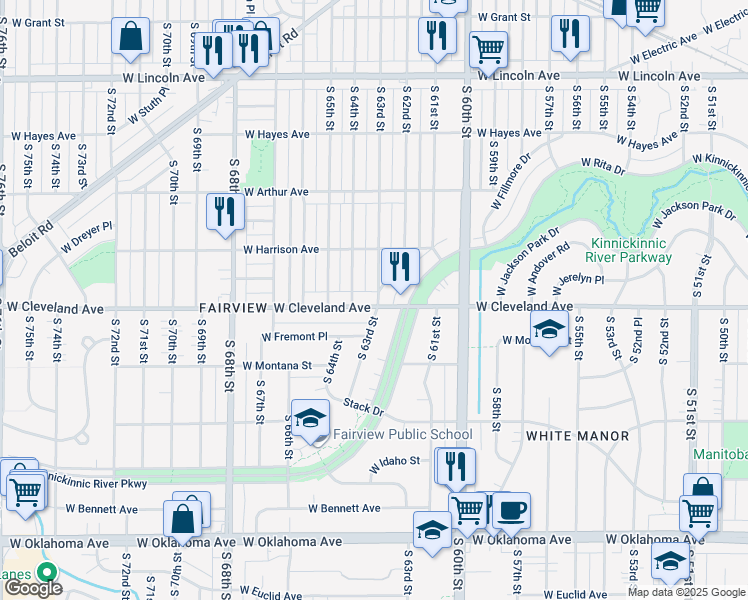 map of restaurants, bars, coffee shops, grocery stores, and more near 6300 West Cleveland Avenue in Milwaukee