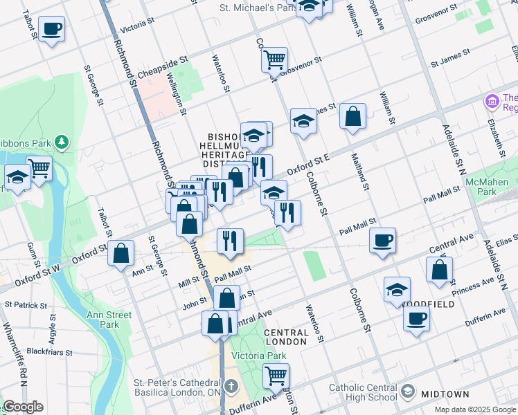 map of restaurants, bars, coffee shops, grocery stores, and more near 326 Piccadilly Street in London