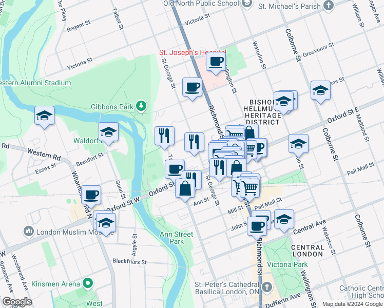 map of restaurants, bars, coffee shops, grocery stores, and more near 154 Sydenham Street in London