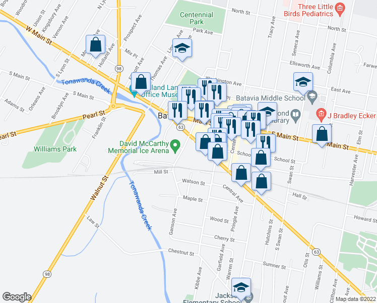 map of restaurants, bars, coffee shops, grocery stores, and more near 11 Evans Street in Batavia