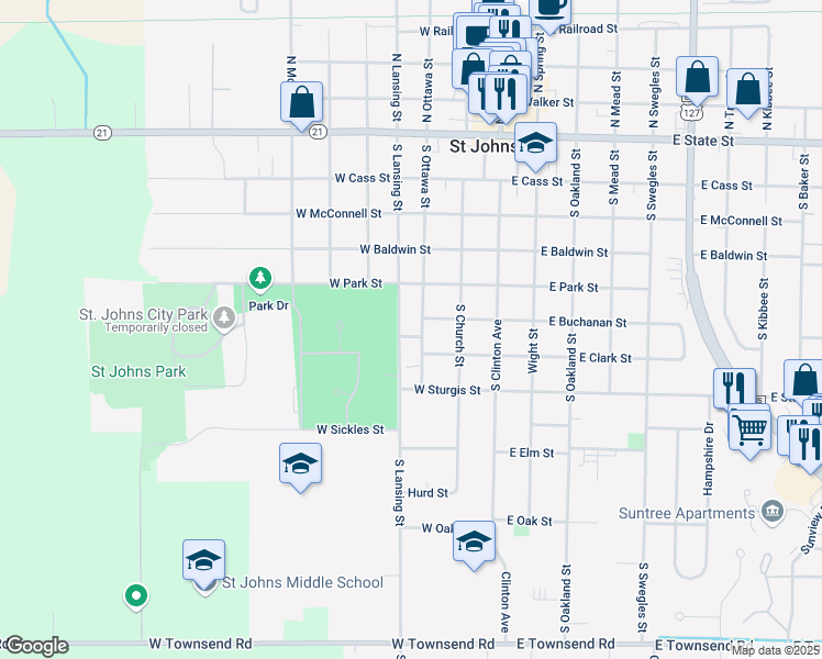 map of restaurants, bars, coffee shops, grocery stores, and more near 611 South Lansing Street in Saint Johns