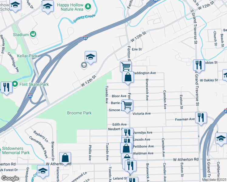 map of restaurants, bars, coffee shops, grocery stores, and more near 1111 Ossington Avenue in Flint