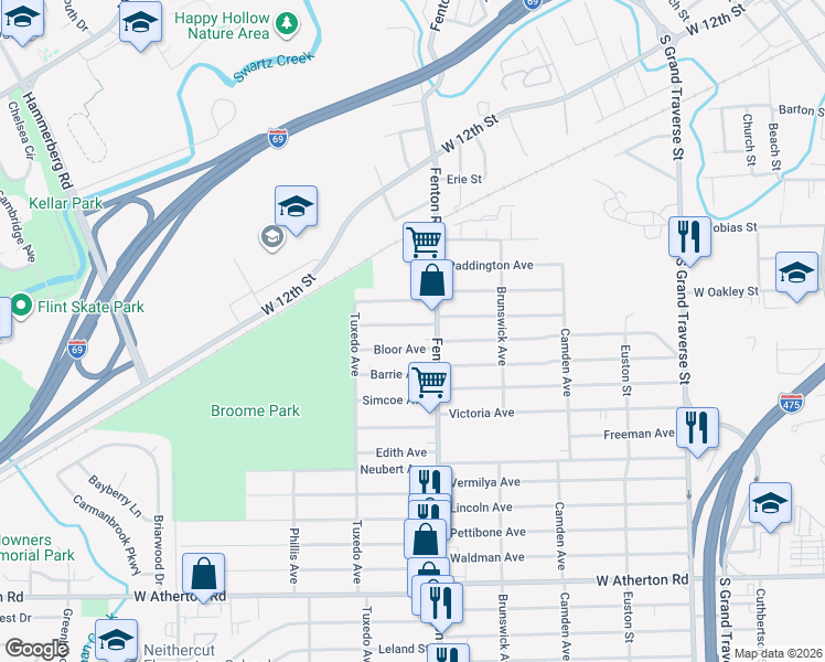 map of restaurants, bars, coffee shops, grocery stores, and more near 1019 Ossington Avenue in Flint