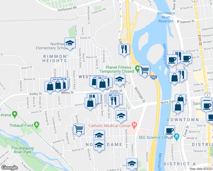 map of restaurants, bars, coffee shops, grocery stores, and more near 554 Dubuque Street in Manchester