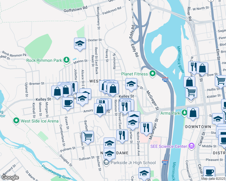 map of restaurants, bars, coffee shops, grocery stores, and more near 577 Hevey Street in Manchester