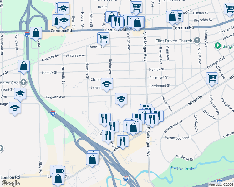 map of restaurants, bars, coffee shops, grocery stores, and more near 3926 Hogarth Avenue in Flint