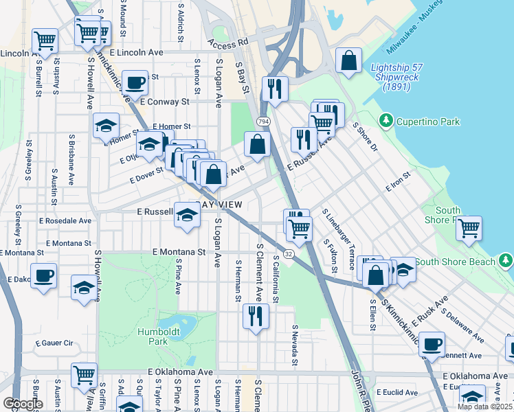 map of restaurants, bars, coffee shops, grocery stores, and more near 2670 South Clement Avenue in Milwaukee