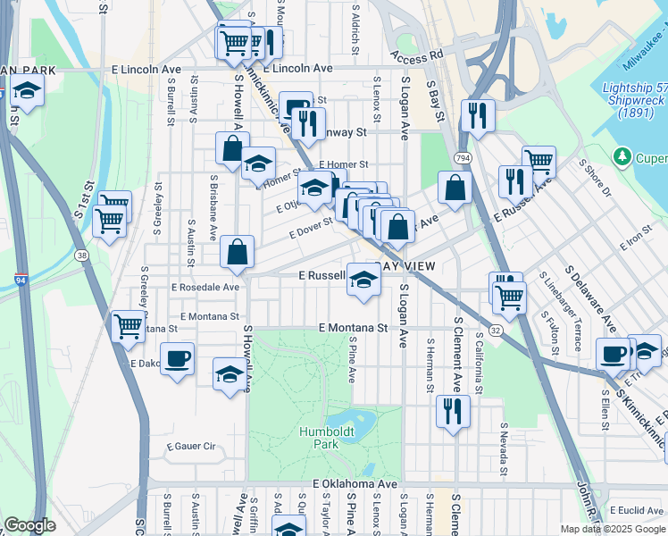 map of restaurants, bars, coffee shops, grocery stores, and more near 708 East Russell Avenue in Milwaukee