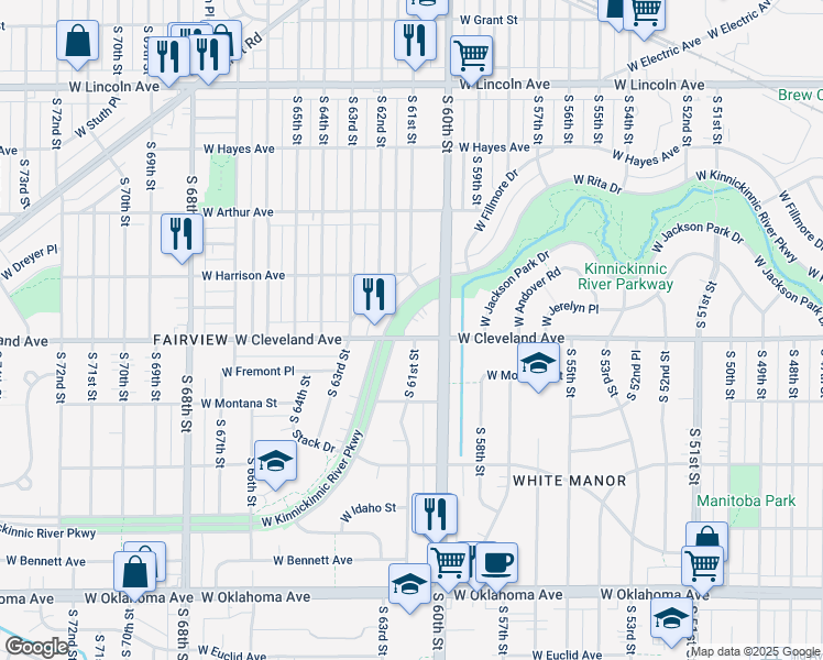 map of restaurants, bars, coffee shops, grocery stores, and more near 6012 West Cleveland Avenue in Milwaukee