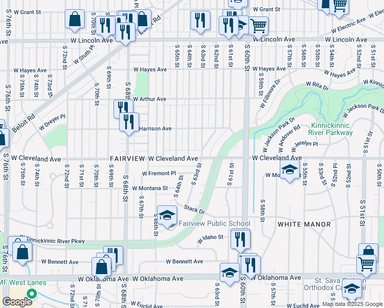 map of restaurants, bars, coffee shops, grocery stores, and more near 6300 West Cleveland Avenue in Milwaukee