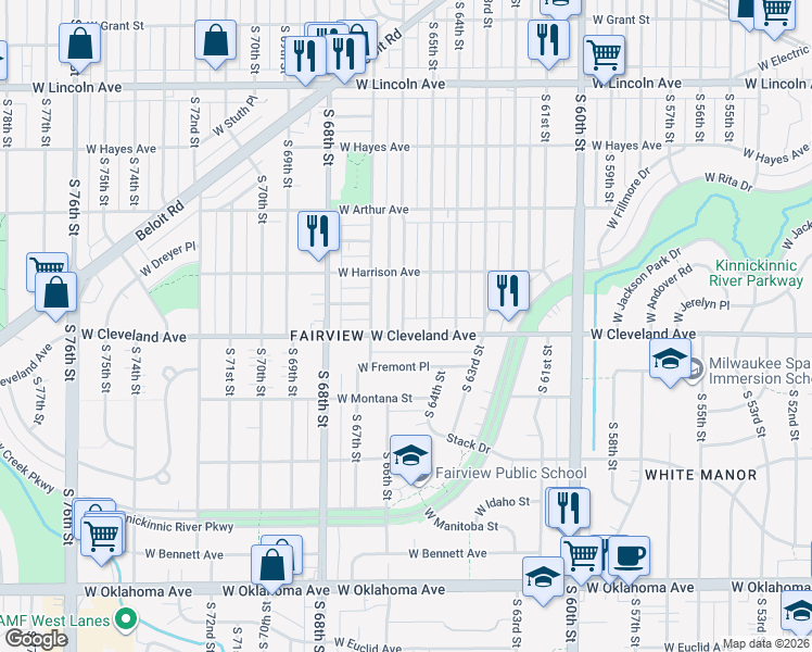 map of restaurants, bars, coffee shops, grocery stores, and more near in West Allis