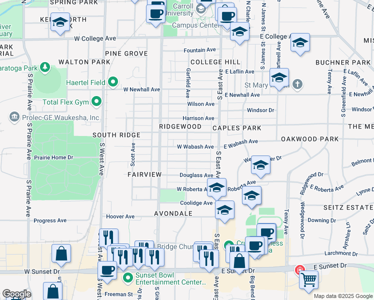 map of restaurants, bars, coffee shops, grocery stores, and more near 205 West Wabash Avenue in Waukesha