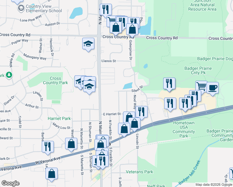 map of restaurants, bars, coffee shops, grocery stores, and more near 214 North Jefferson Street in Verona