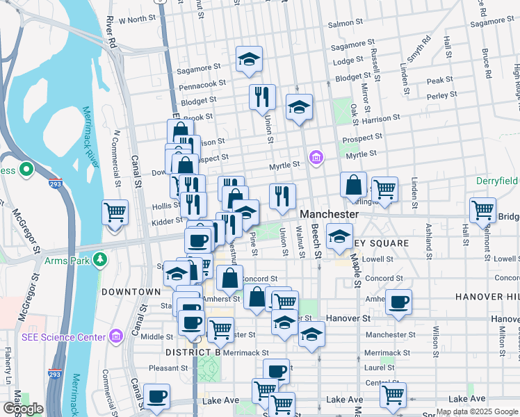 map of restaurants, bars, coffee shops, grocery stores, and more near 131 Pearl Street in Manchester