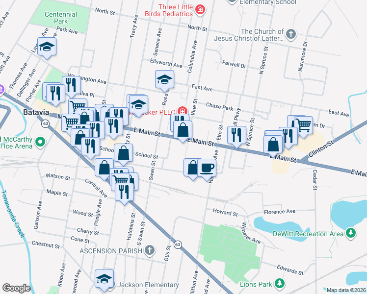 map of restaurants, bars, coffee shops, grocery stores, and more near 21 Masse Place in Batavia