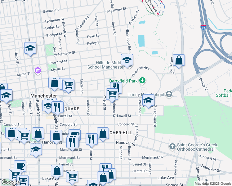 map of restaurants, bars, coffee shops, grocery stores, and more near 677 Belmont Street in Manchester