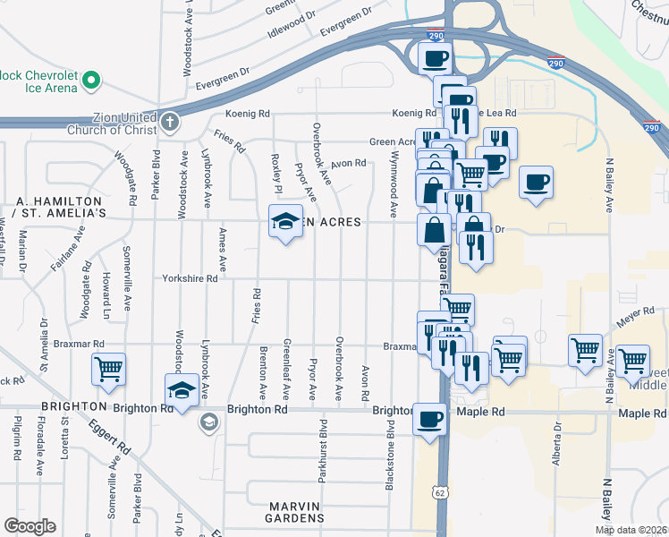 map of restaurants, bars, coffee shops, grocery stores, and more near 180 Overbrook Avenue in Tonawanda