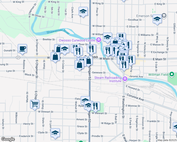 map of restaurants, bars, coffee shops, grocery stores, and more near 220 South Shiawassee Street in Owosso