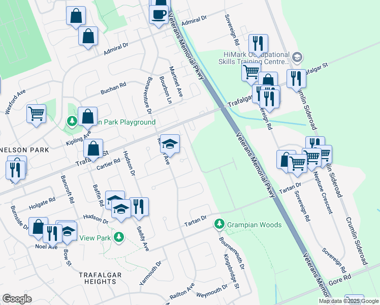 map of restaurants, bars, coffee shops, grocery stores, and more near 78 Sunrise Crescent in London