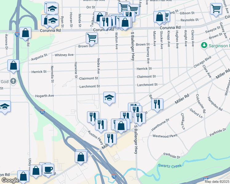 map of restaurants, bars, coffee shops, grocery stores, and more near 3810 Hogarth Avenue in Flint