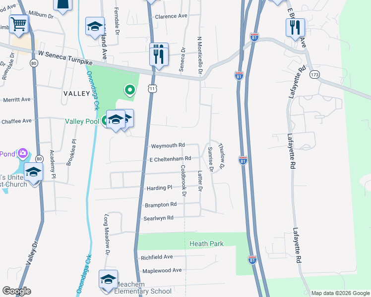 map of restaurants, bars, coffee shops, grocery stores, and more near 202 Weymouth Road in Syracuse