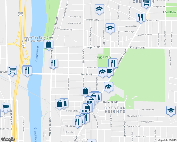 map of restaurants, bars, coffee shops, grocery stores, and more near 1810 Wilbert Avenue Northeast in Grand Rapids
