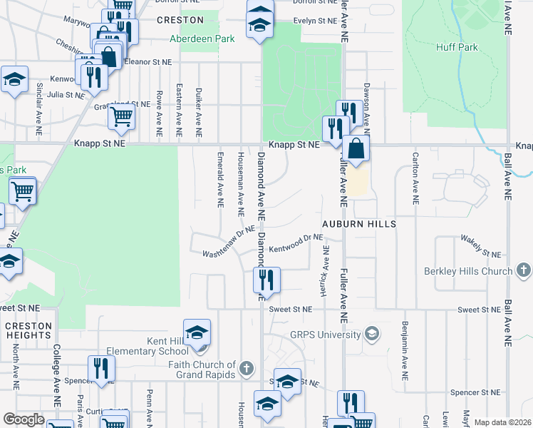 map of restaurants, bars, coffee shops, grocery stores, and more near 1020 Lockridge Drive Northeast in Grand Rapids