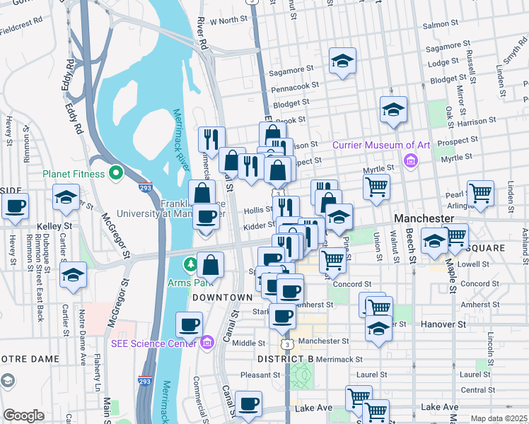 map of restaurants, bars, coffee shops, grocery stores, and more near 64 Hollis Street in Manchester