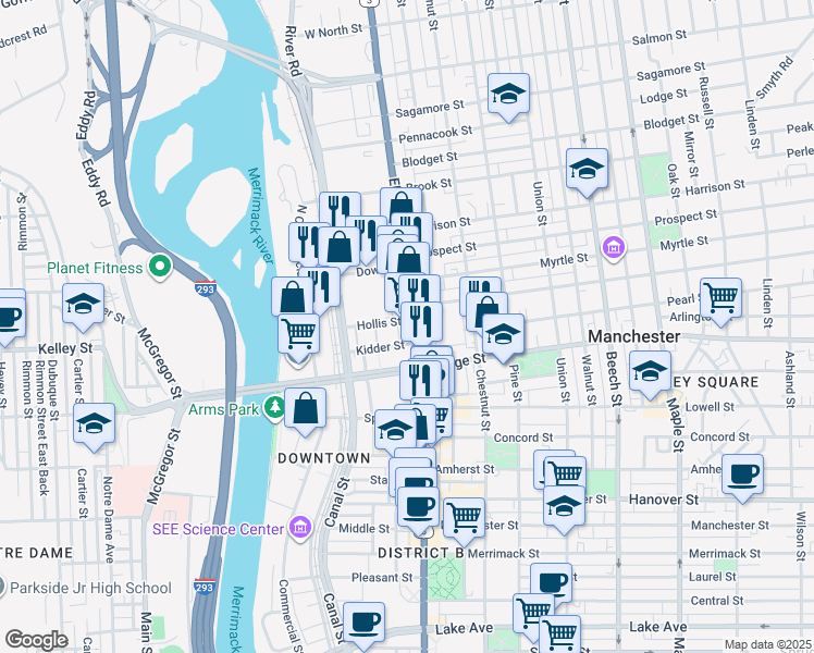 map of restaurants, bars, coffee shops, grocery stores, and more near 64 Hollis Street in Manchester