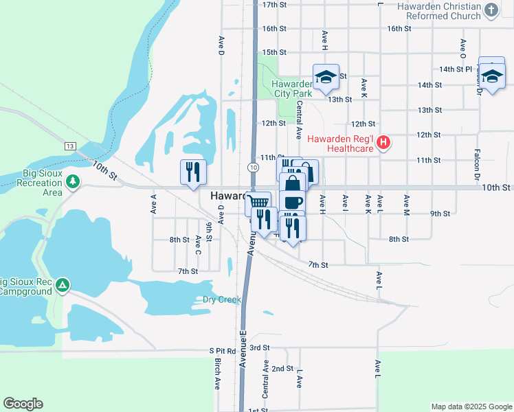 map of restaurants, bars, coffee shops, grocery stores, and more near 904 Avenue East in Hawarden
