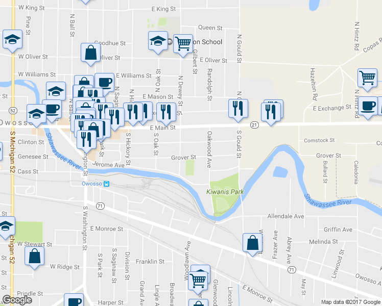 map of restaurants, bars, coffee shops, grocery stores, and more near 623 Grover Street in Owosso