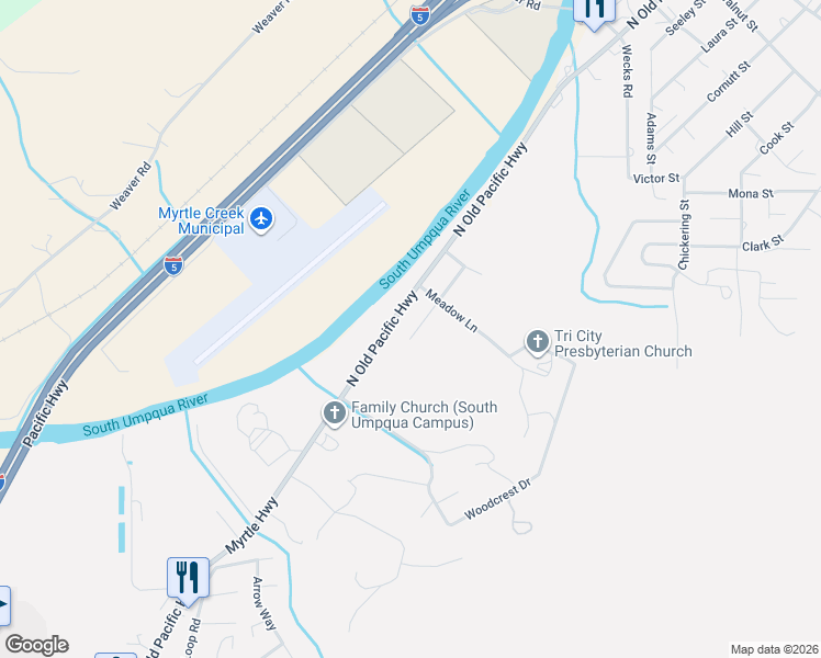 map of restaurants, bars, coffee shops, grocery stores, and more near 597 Irving Drive in Myrtle Creek