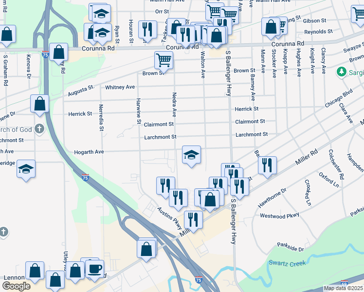 map of restaurants, bars, coffee shops, grocery stores, and more near 3926 Hogarth Avenue in Flint