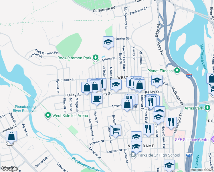 map of restaurants, bars, coffee shops, grocery stores, and more near 124 Alsace Street in Manchester