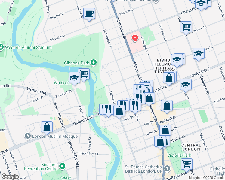 map of restaurants, bars, coffee shops, grocery stores, and more near 820 Talbot Street in London