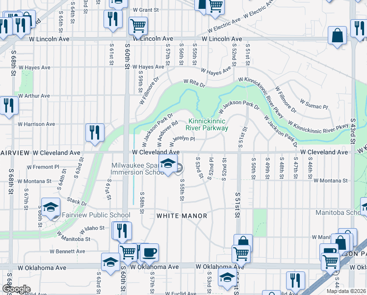 map of restaurants, bars, coffee shops, grocery stores, and more near 5426 West Cleveland Avenue in Milwaukee