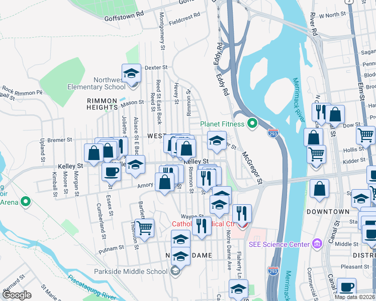 map of restaurants, bars, coffee shops, grocery stores, and more near 568 Rimmon Street in Manchester