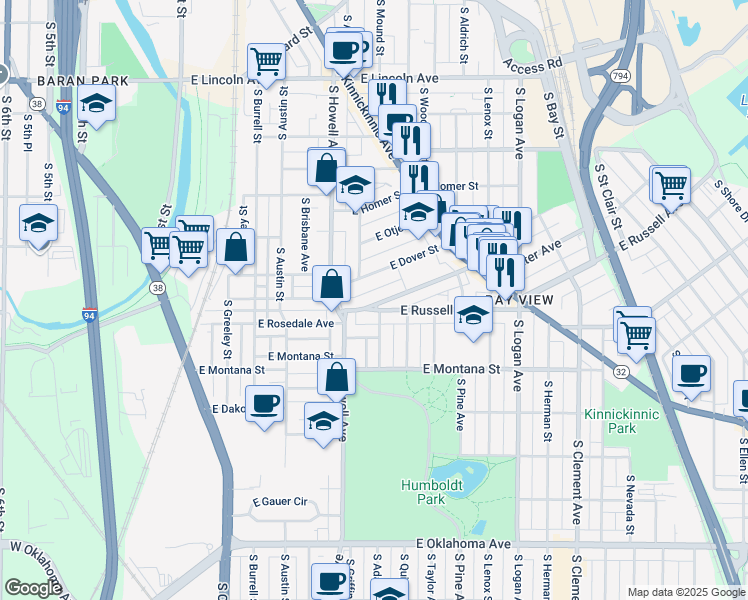 map of restaurants, bars, coffee shops, grocery stores, and more near 454 East Potter Avenue in Milwaukee
