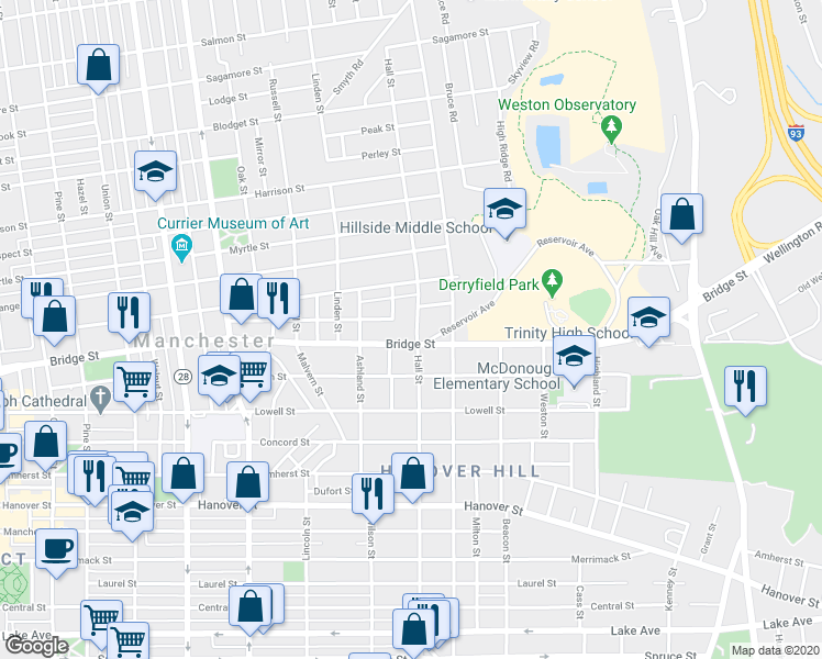 map of restaurants, bars, coffee shops, grocery stores, and more near 684 Hall Street in Manchester