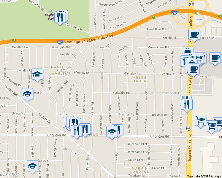 map of restaurants, bars, coffee shops, grocery stores, and more near 521 Lynbrook Avenue in Tonawanda