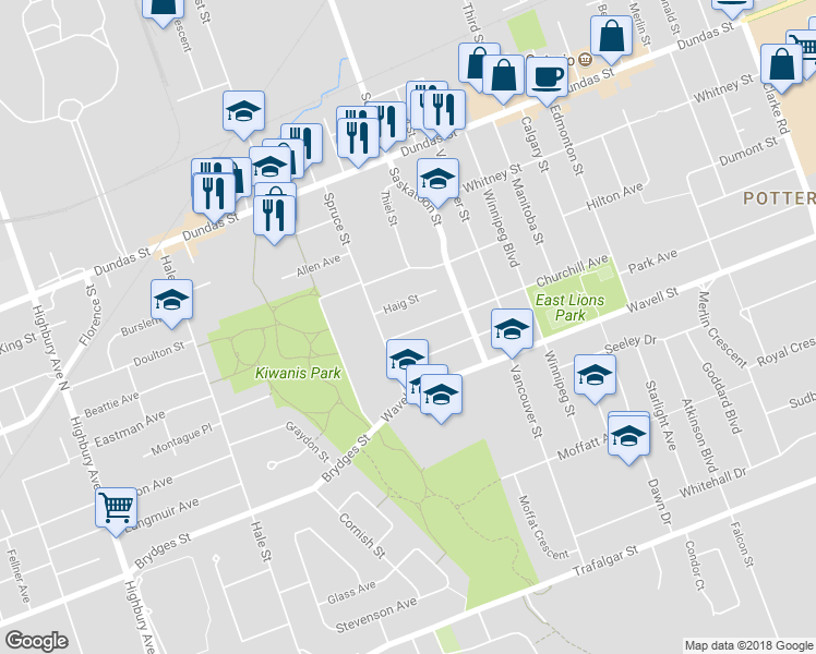 map of restaurants, bars, coffee shops, grocery stores, and more near 1614 Churchill Avenue in London